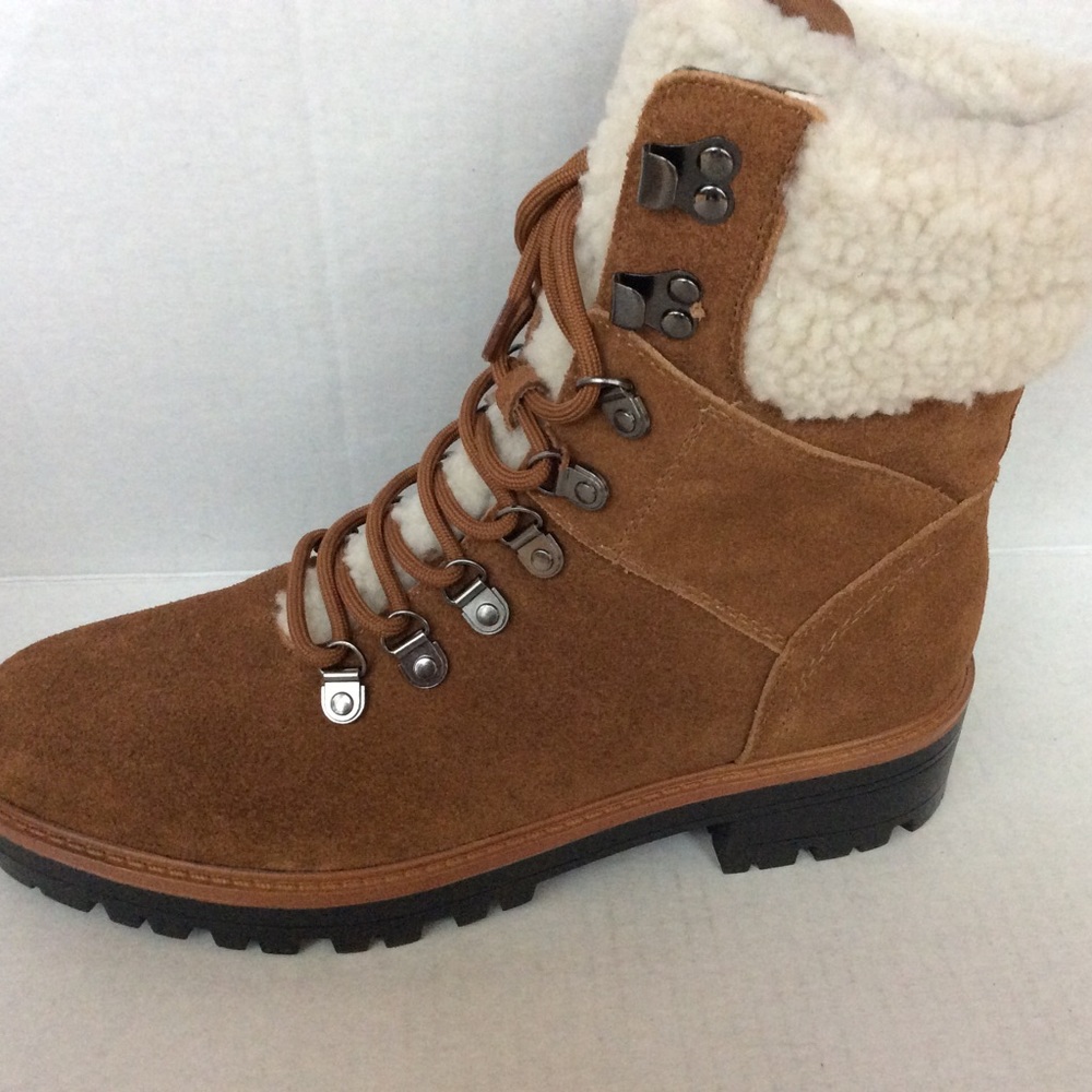 Suede boots Sherpa lined combat style cognac brown upper faux fur collar tongue - Picture 3 of 8